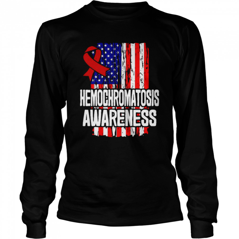American Flag Red Ribbon Hemochromatosis Survivor T-shirt Long Sleeved T-shirt