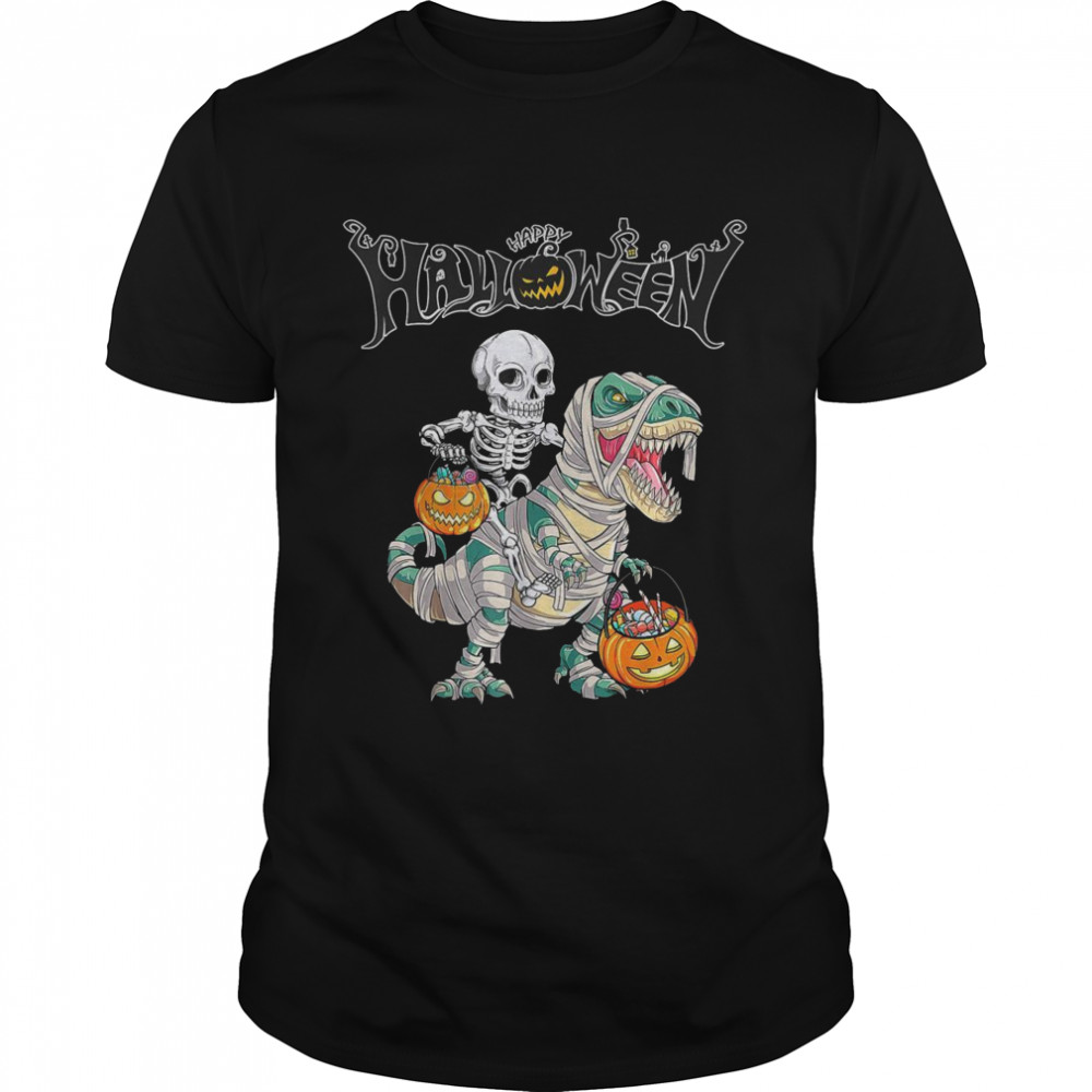 Skeleton Riding Mummy Dinosaur Trex Halloween Pumpkin  Classic Men's T-shirt