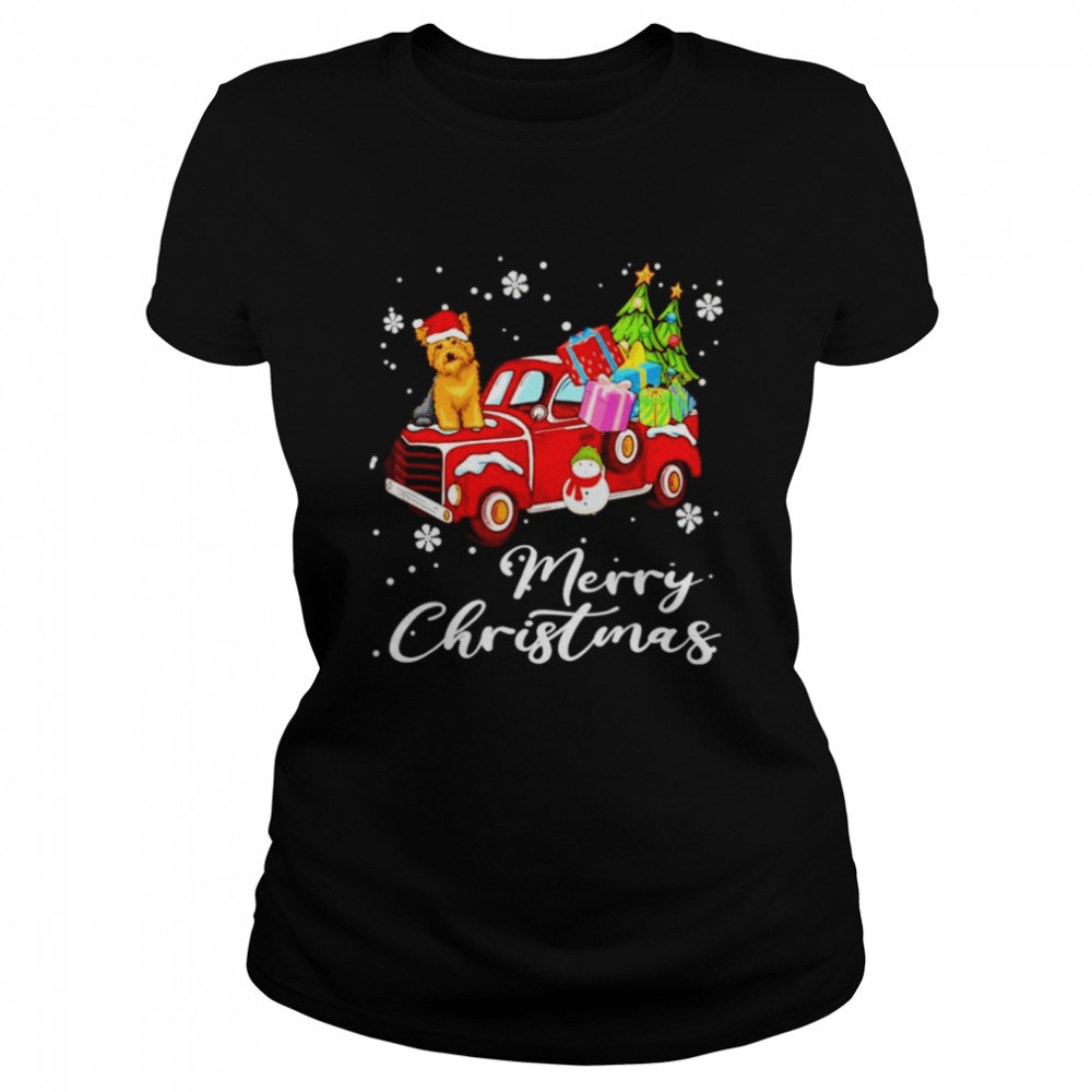 Yorkshire Terrier Riding Red Truck Merry Christmas  Classic Women's T-shirt