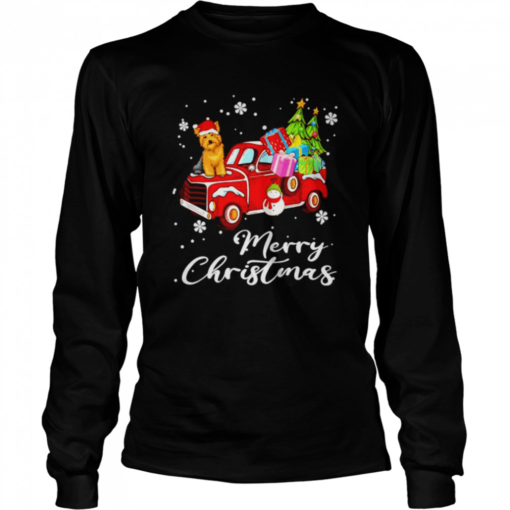 Yorkshire Terrier Riding Red Truck Merry Christmas  Long Sleeved T-shirt