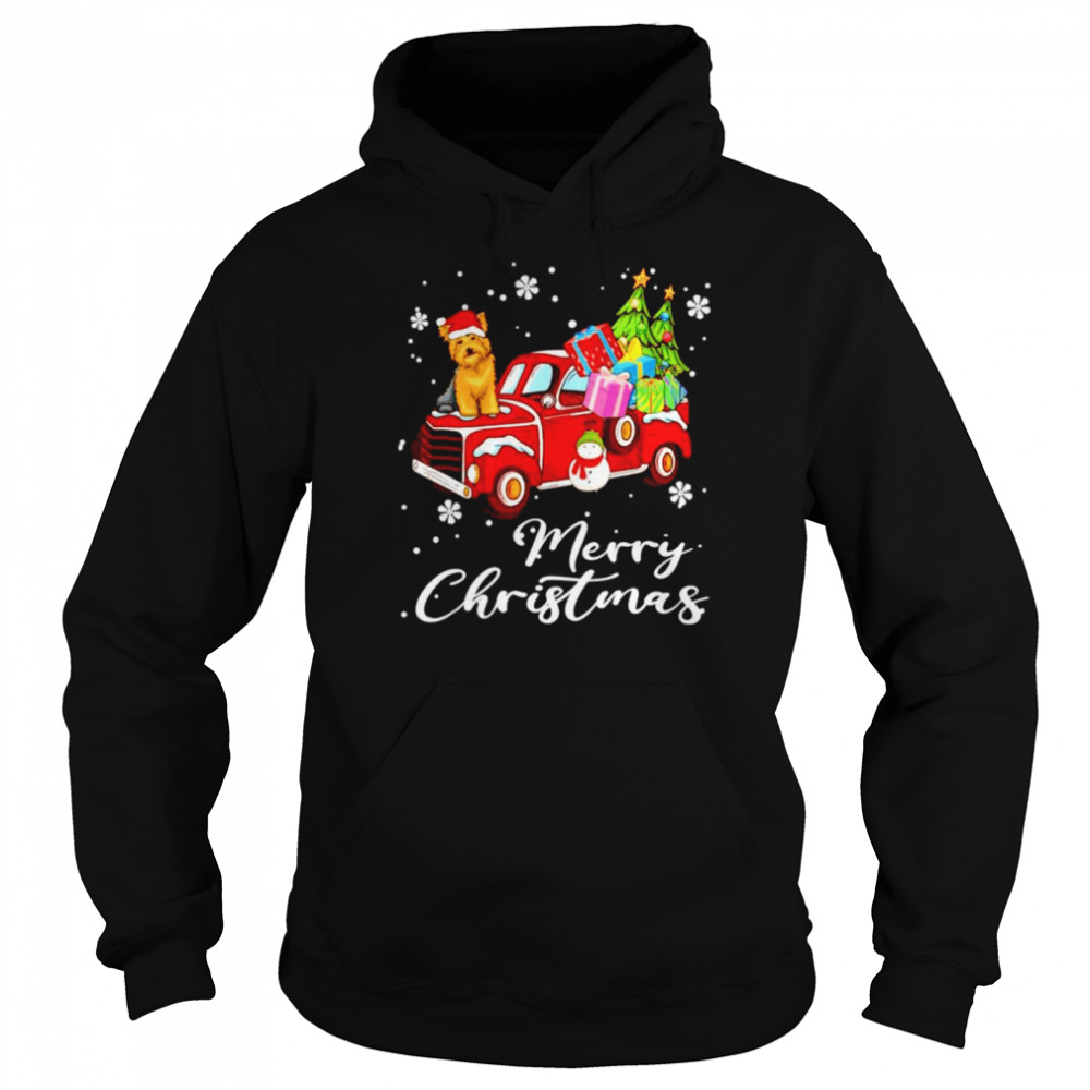 Yorkshire Terrier Riding Red Truck Merry Christmas  Unisex Hoodie