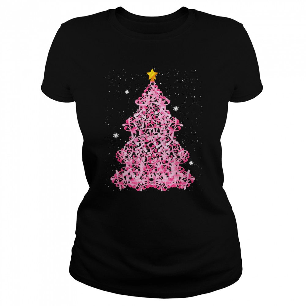 ED4d Pink Ribbon Christmas Tree Merry Xmas Breast Cancer  Classic Women's T-shirt