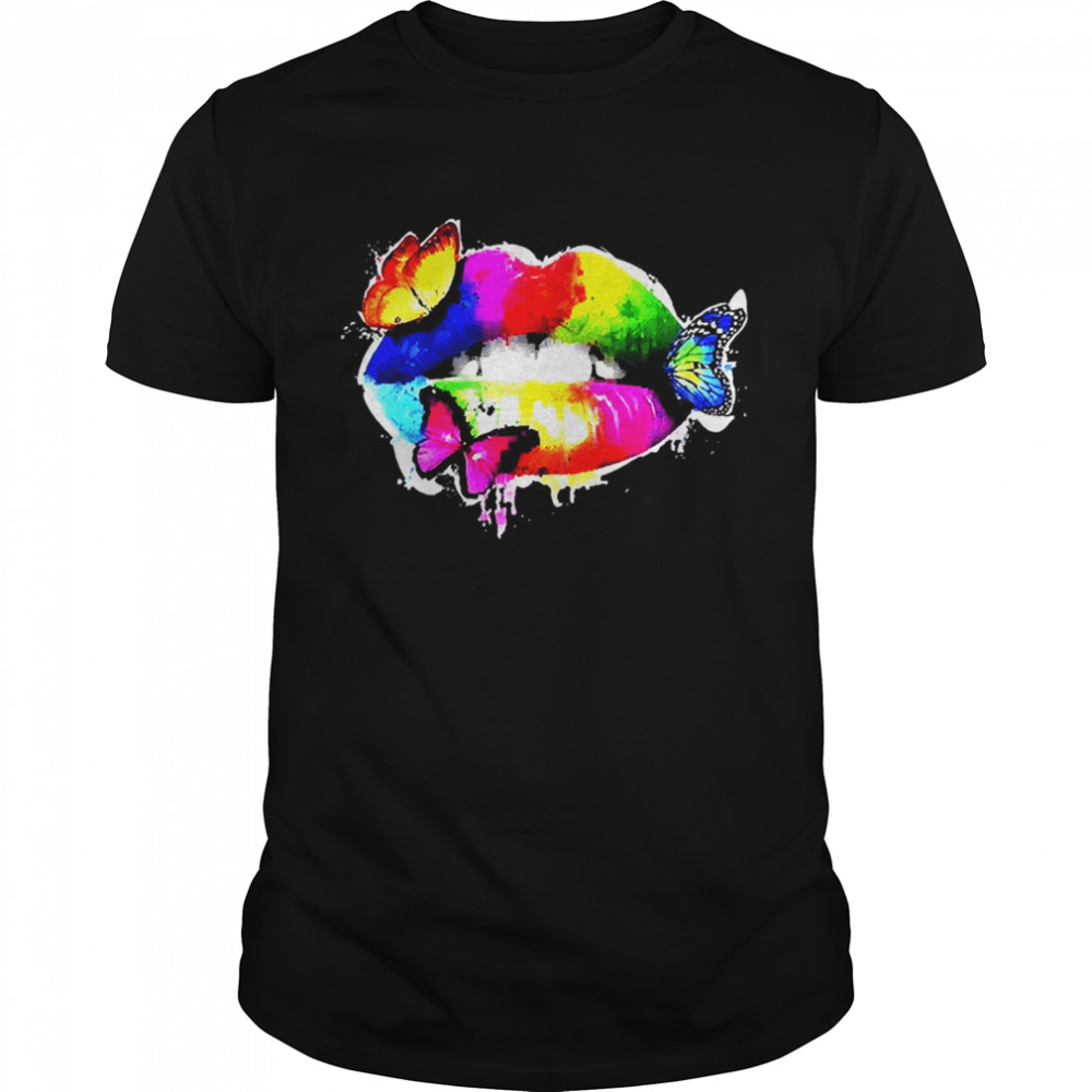 Colorful Sexy Rainbow Lips Mouth With Butterflies  Classic Men's T-shirt