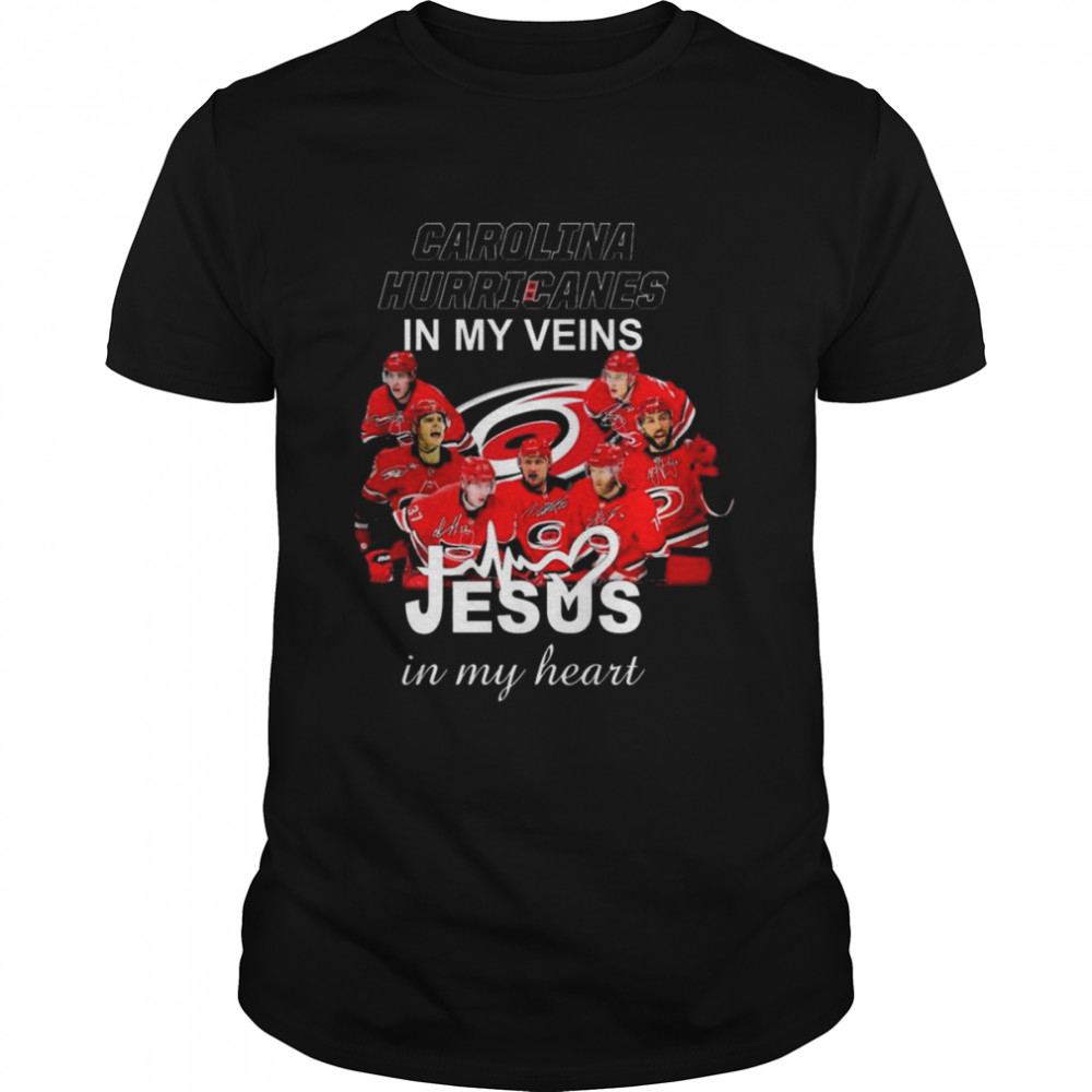 Carolina Hurricanes 2022 in my veins Jesus in my heart signatures shirt Classic Men's T-shirt