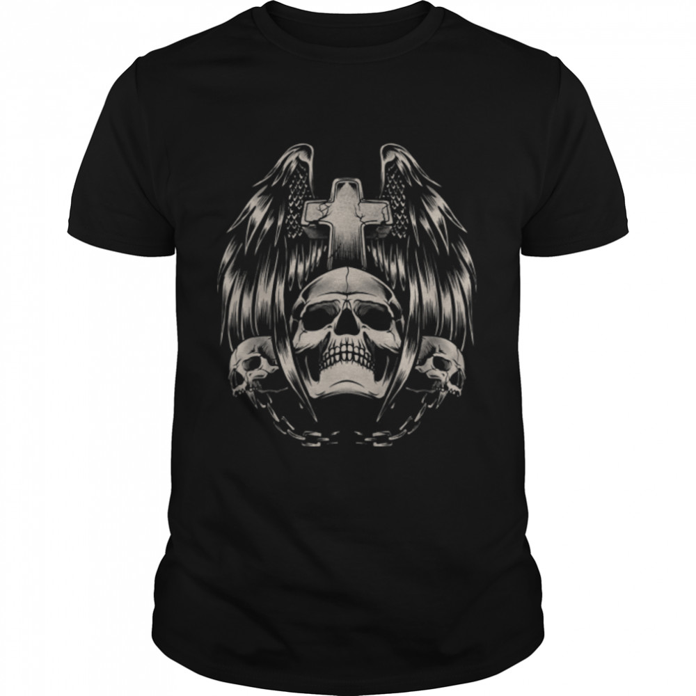 3 Skulls and Cross Tattoo Art Gothic Emo Punk Death Metal T-Shirt B0B2BZS1RP