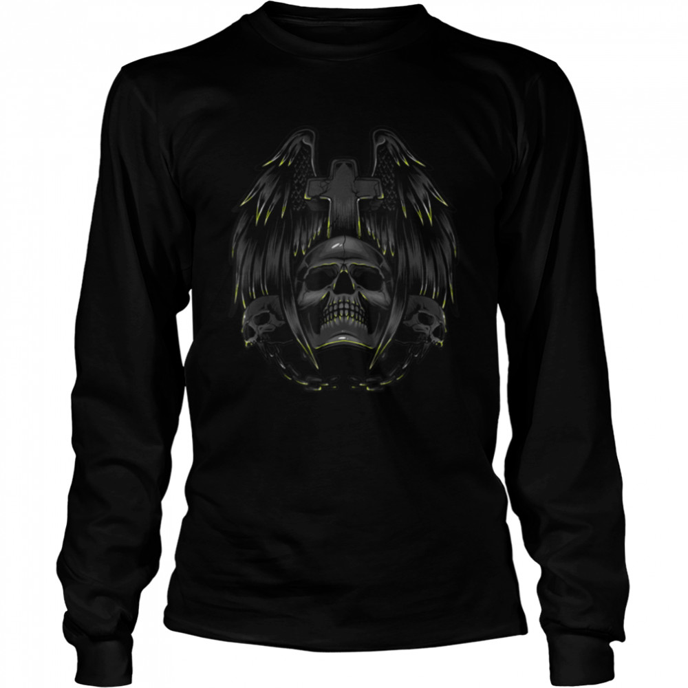 3 Skulls and Cross Tattoo Art Gothic Emo Punk Death Metal T- B0B2D6YHK2 Long Sleeved T-shirt