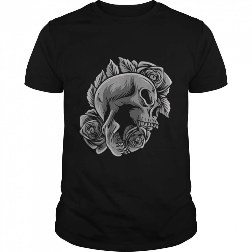 Dark Gothic Skull with Flowers Tattoo Style Grunge Emo Punk T-Shirt B0B358B753