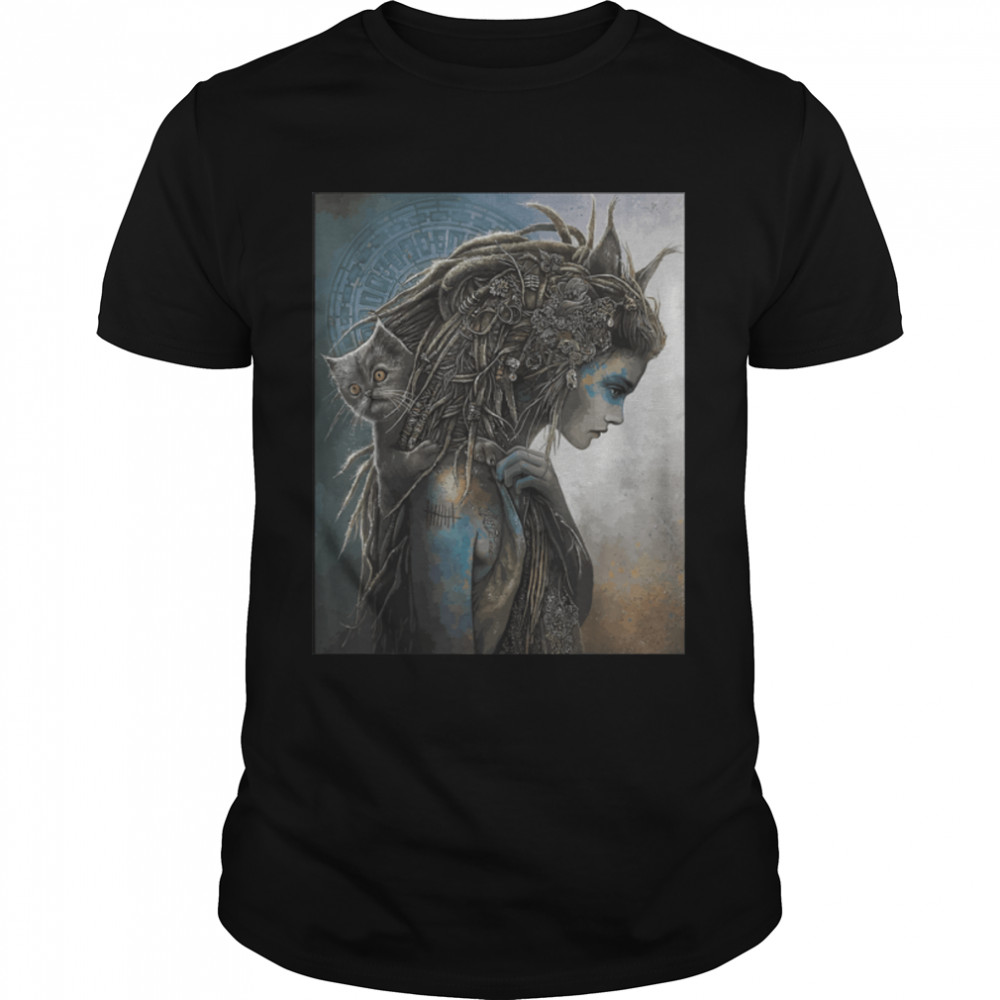 Gothic native Nordic with runes and cat on shoulder T-Shirt B0B1JHTJLB