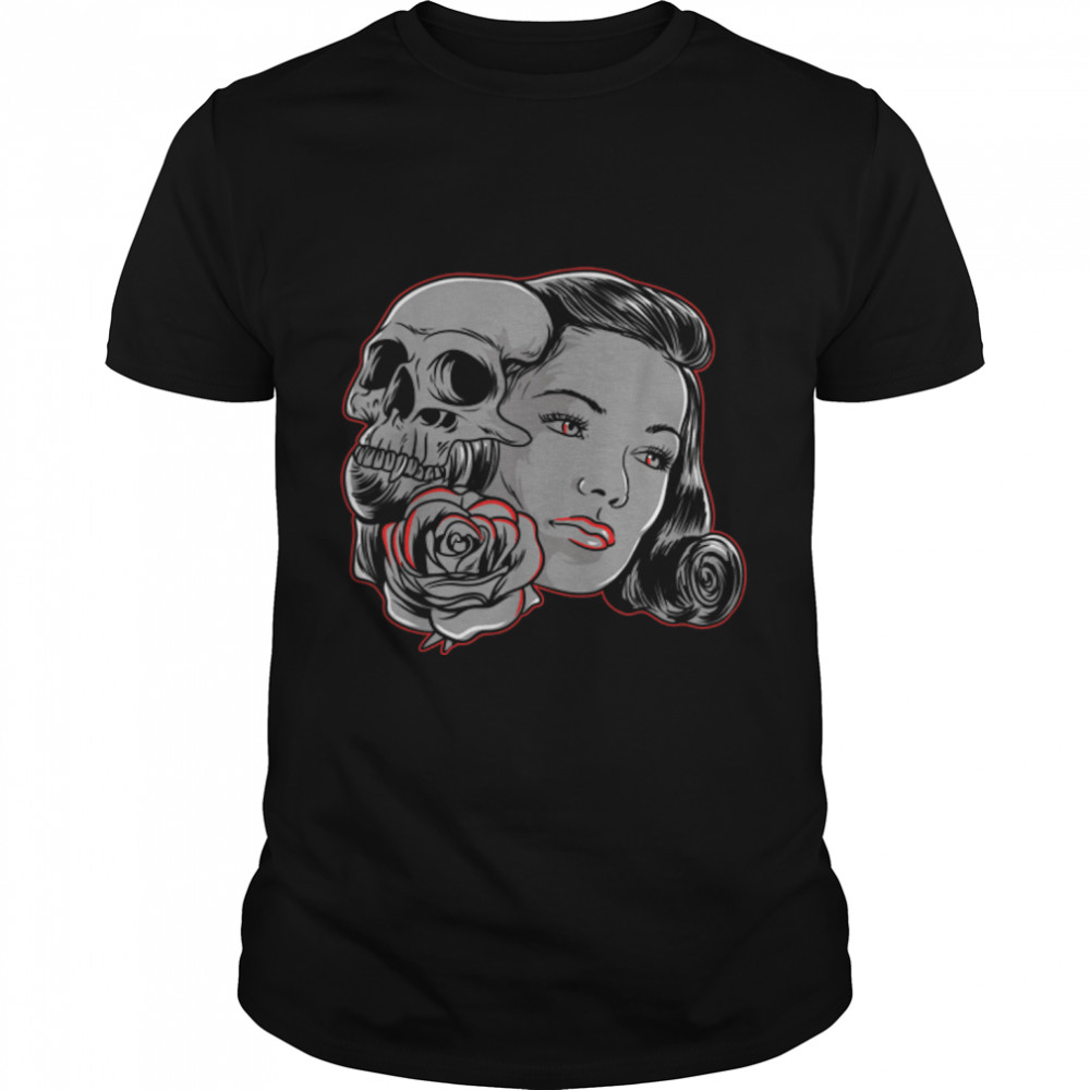 Gothic Women Sexy Girl with Skull and Flower Witchcraft T-Shirt B0B32ZNPHY