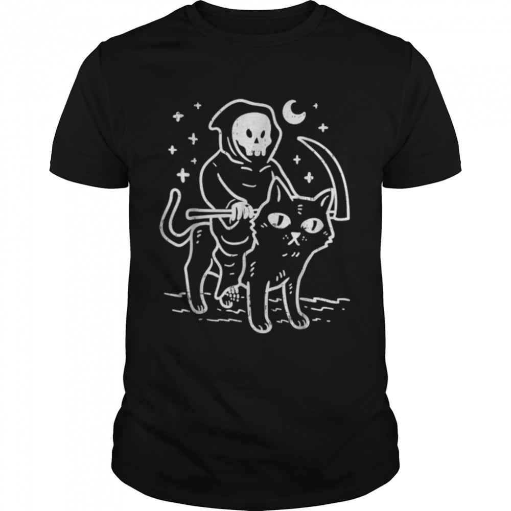 Grim Reaper Riding Cat Moon Funny Death Halloween Costume T-Shirt B09VBZCGS9