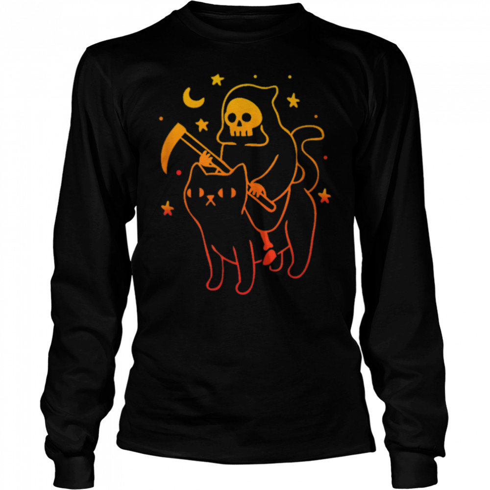Reaper riding a devil cat Skeleton, Skull Reaper T- B09X9XBG1D Long Sleeved T-shirt