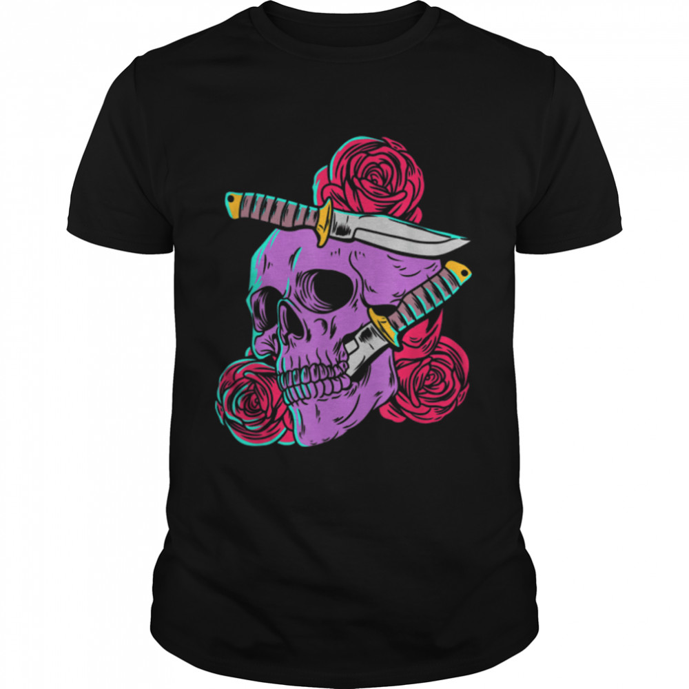 Red Roses and Skull with Knife Gothic Calaveras Skeleton T-Shirt B0B36QSS34