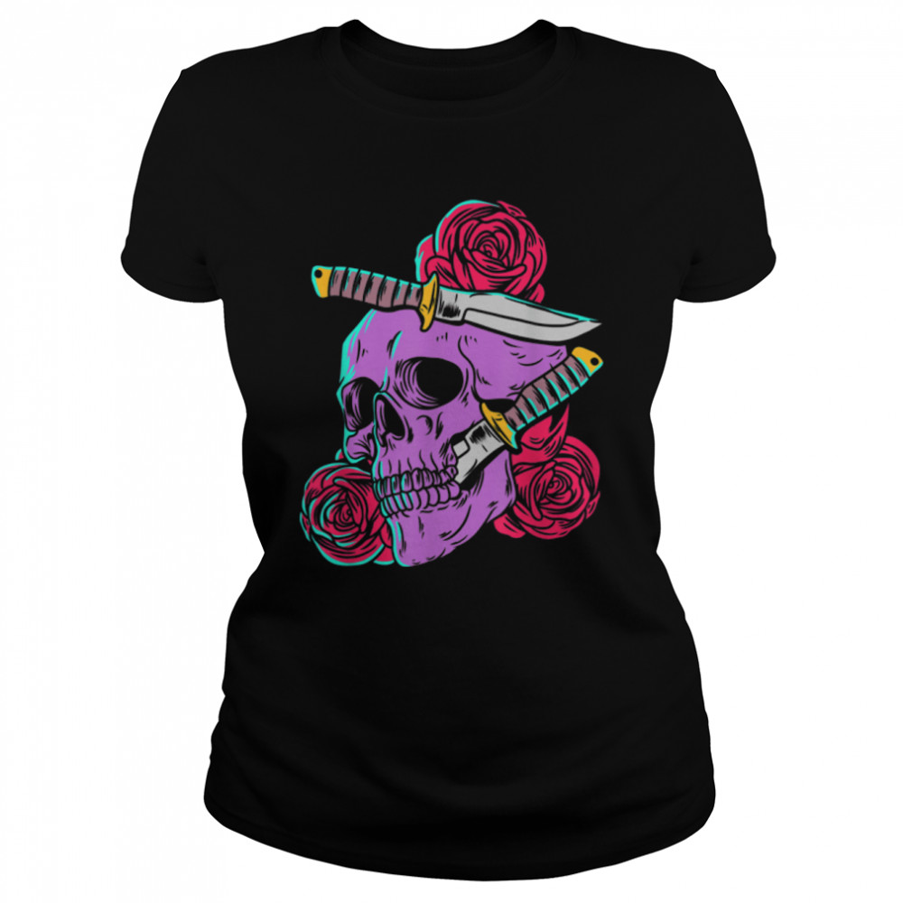 Red Roses and Skull with Knife Gothic Calaveras Skeleton T- B0B36QSS34 Classic Women's T-shirt