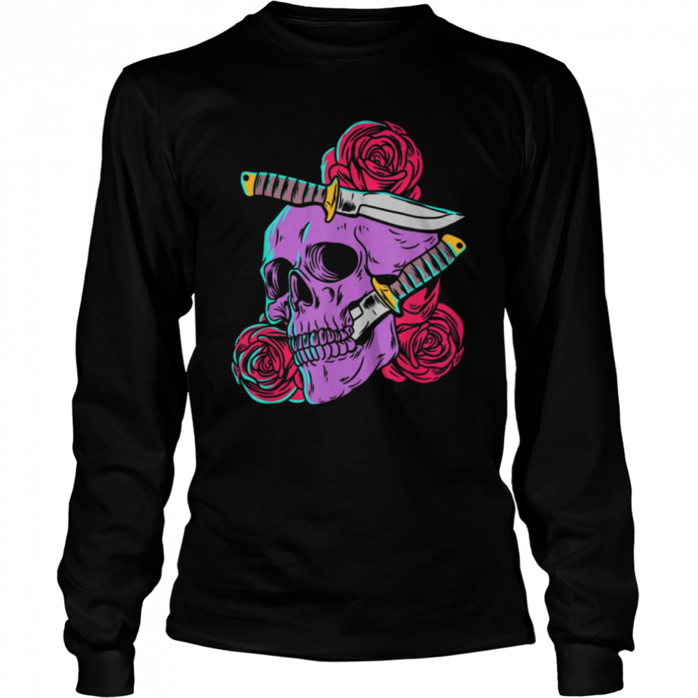 Red Roses and Skull with Knife Gothic Calaveras Skeleton T- B0B36QSS34 Long Sleeved T-shirt