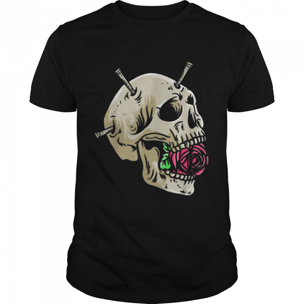 Red Roses and Skull with Nail Gothic Calaveras Skeleton T-Shirt B0B36PX1S2