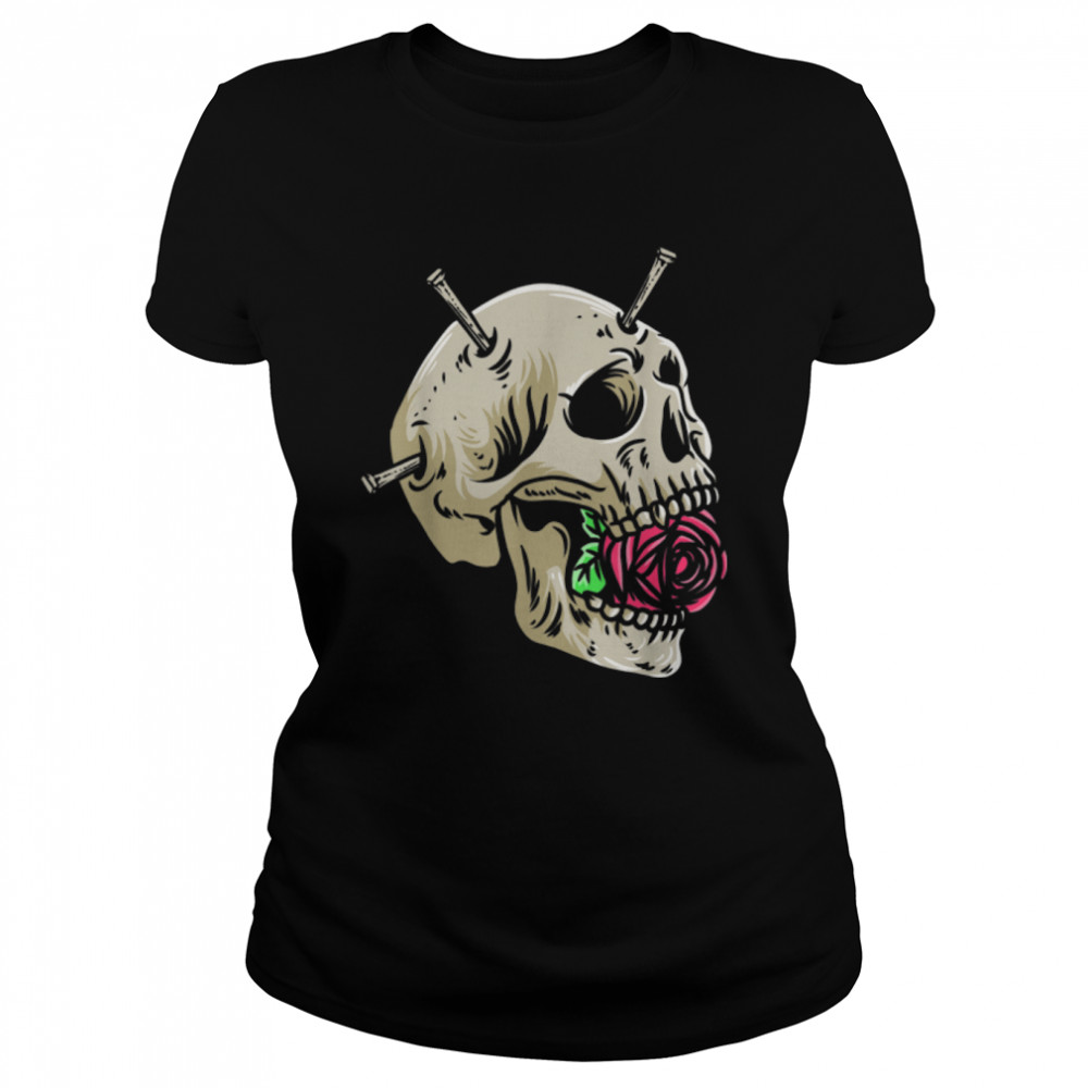 Red Roses and Skull with Nail Gothic Calaveras Skeleton T- B0B36PX1S2 Classic Women's T-shirt