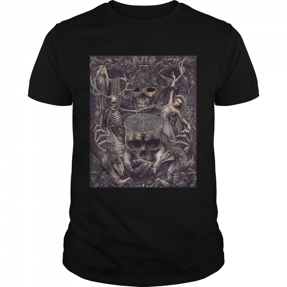 Skeleton and Women in the Scary woods Forest Dark art grunge T-Shirt B0B1JFM12B