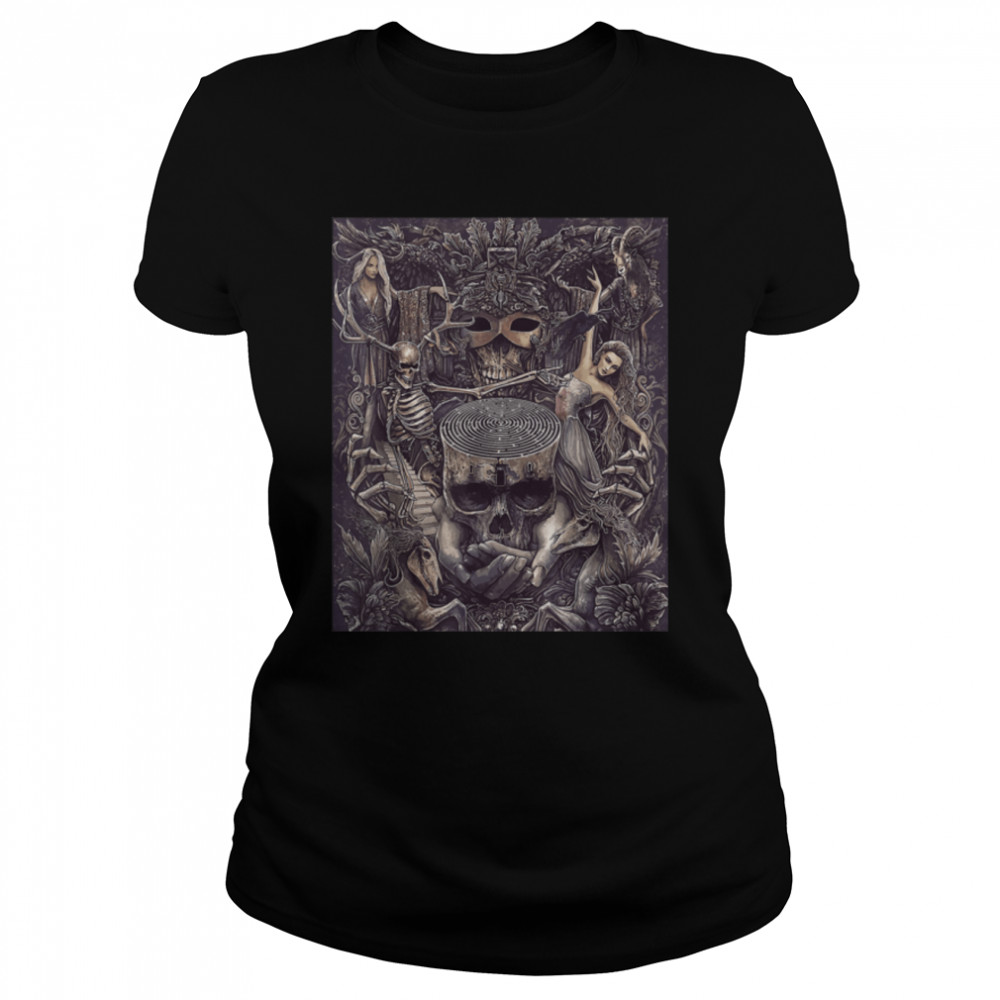 Skeleton and Women in the Scary woods Forest Dark art grunge T- B0B1JFM12B Classic Women's T-shirt