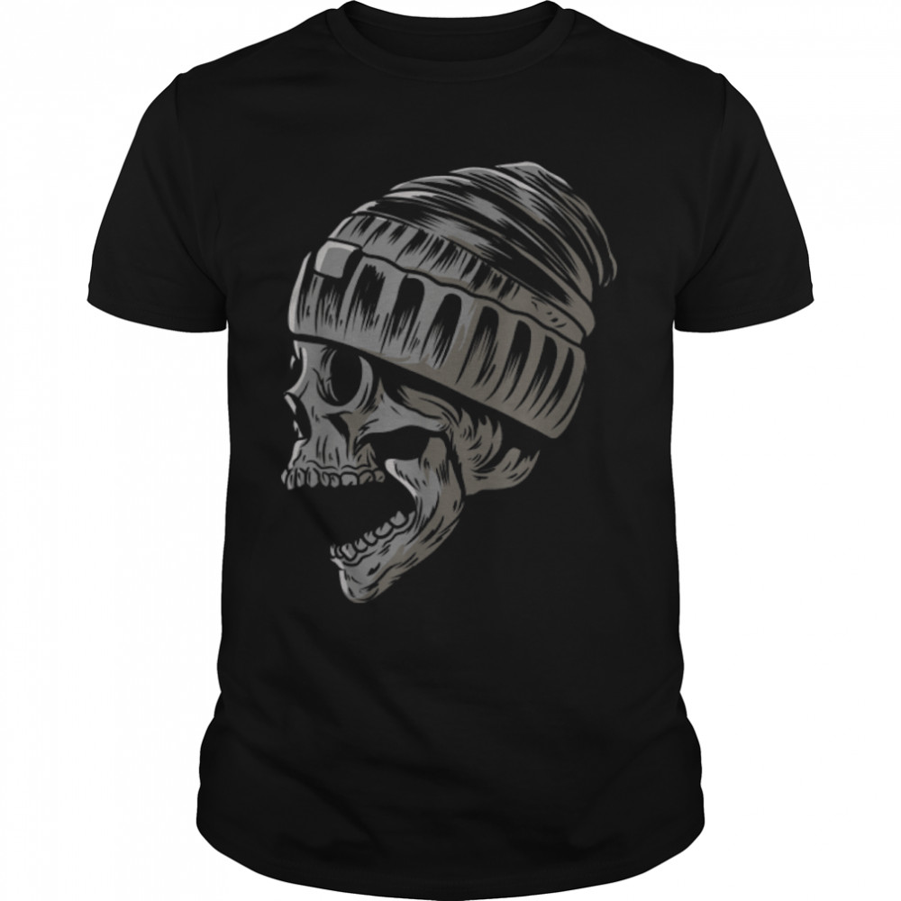 Skull Wearing Beanie Knit Cap Tattoo Style Gothic Emo Punk T-Shirt B0B3594QXC