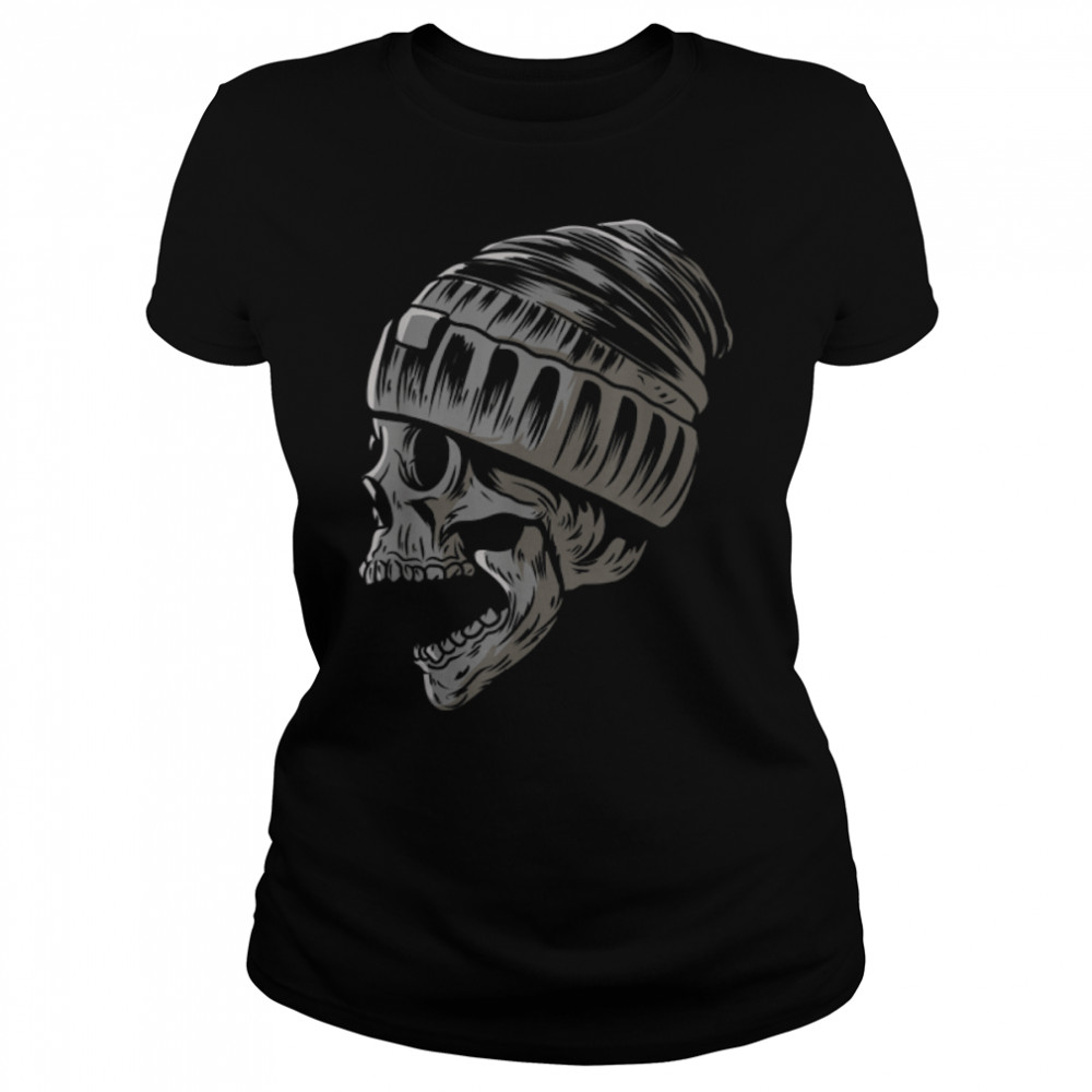 Skull Wearing Beanie Knit Cap Tattoo Style Gothic Emo Punk T- B0B3594QXC Classic Women's T-shirt