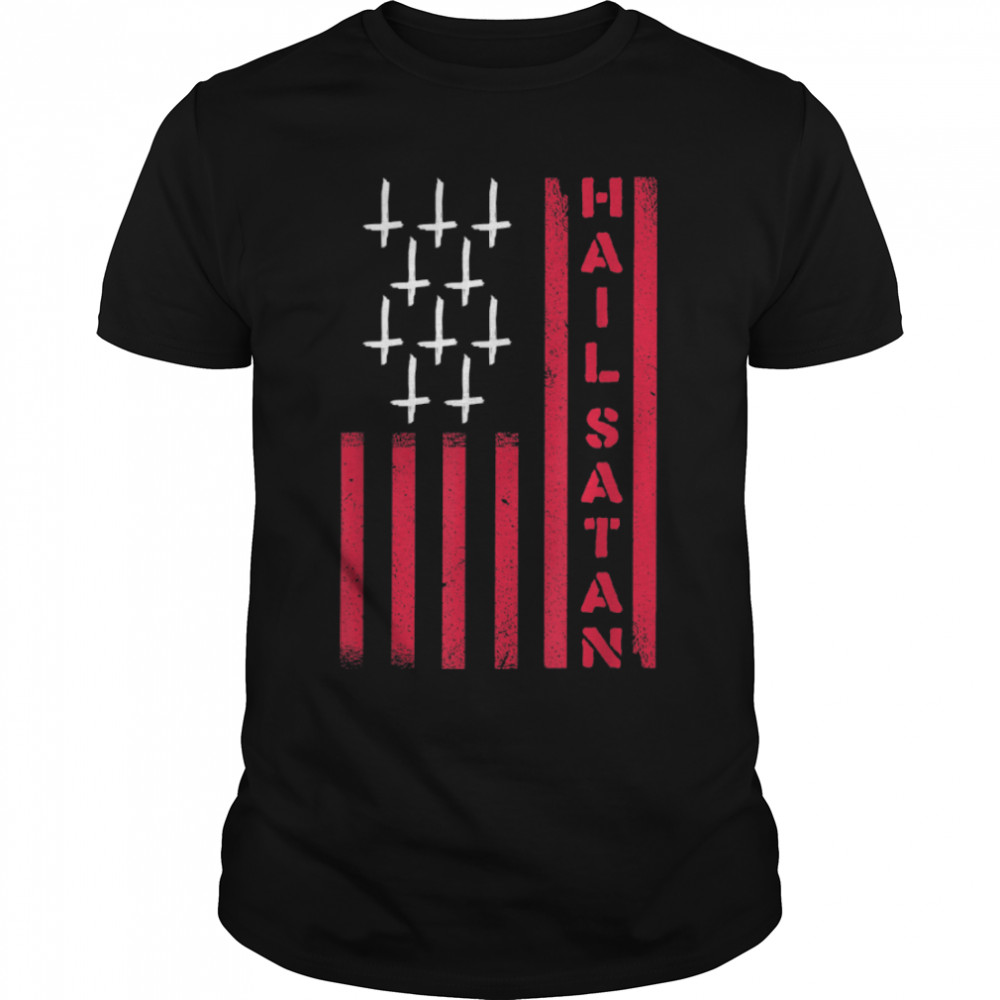 Vintage Hail Satan USA America Flag Occult Satanic Pentagram T-Shirt B0B4LZB3YZ