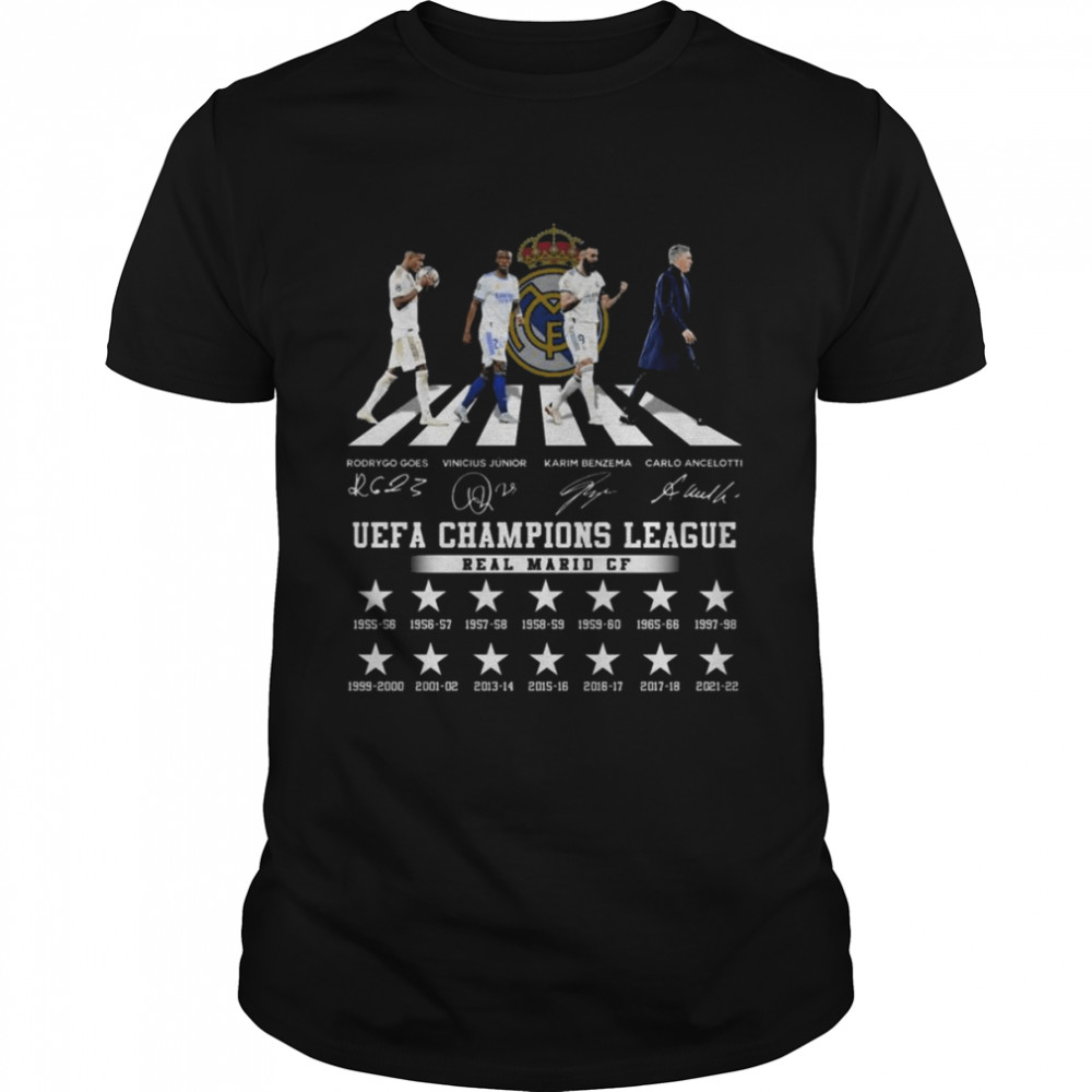 The Goes and Junior and Benzema and Ancelotti abbey road 2022 UEFA Champions League Real Madrid CF shirt